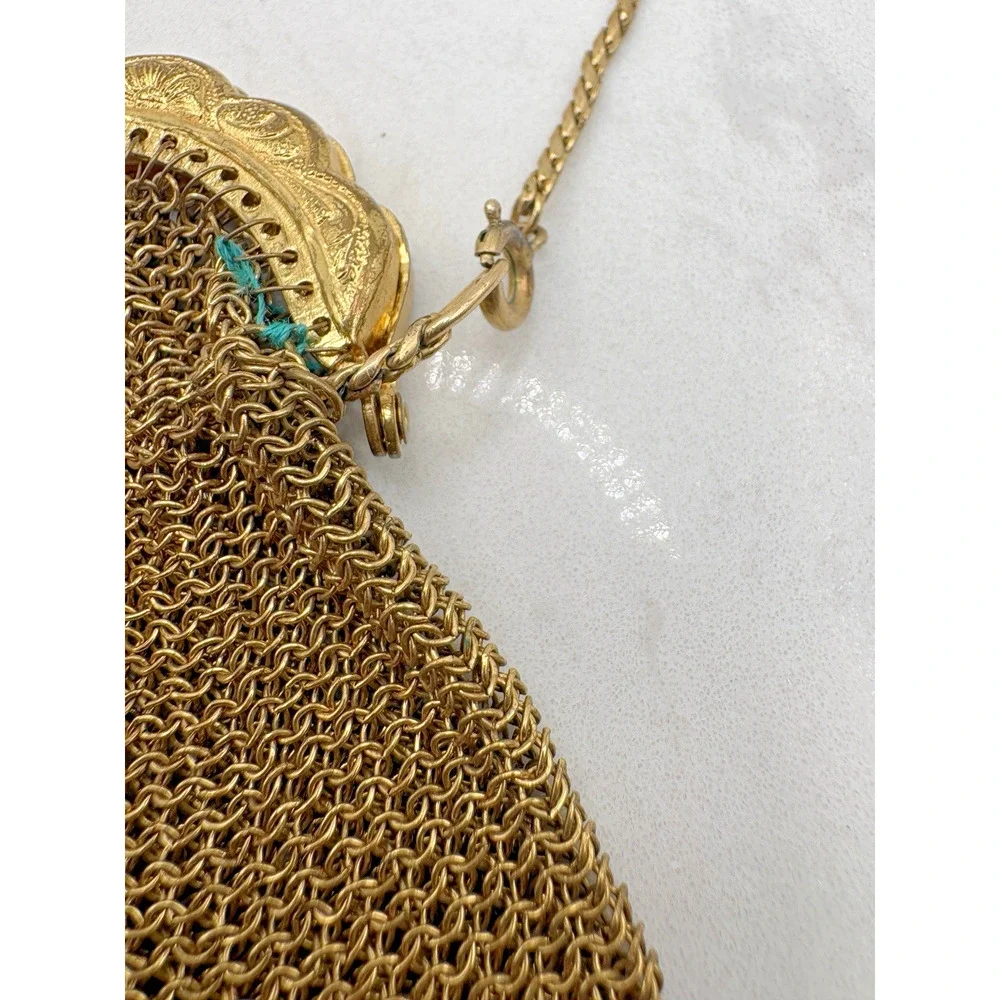 Antique Gilt Chainmail Mesh Coin Purse Evening Bag Vintage Kiss Lock 1940s Gold